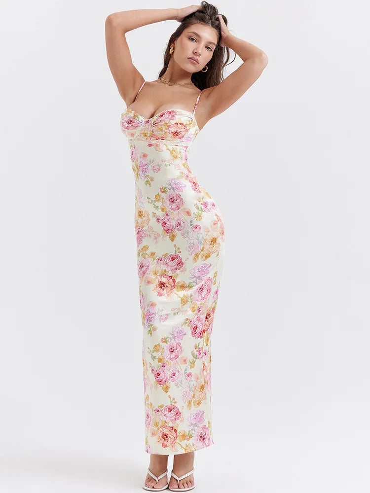 Elegant Spaghetti Strap White Print Backless Maxi Dress - Rown