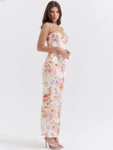 Elegant Spaghetti Strap White Print Backless Maxi Dress - Rown