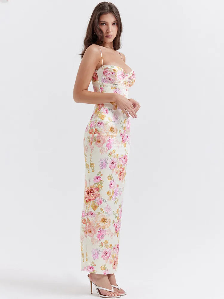 Elegant Spaghetti Strap White Print Backless Maxi Dress - Rown