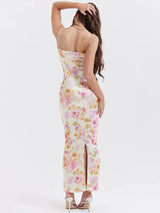 Elegant Spaghetti Strap White Print Backless Maxi Dress - Rown