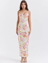 Elegant Spaghetti Strap White Print Backless Maxi Dress - Rown