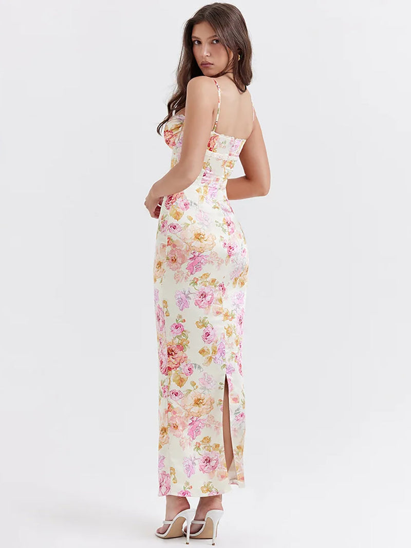 Elegant Spaghetti Strap White Print Backless Maxi Dress - Rown