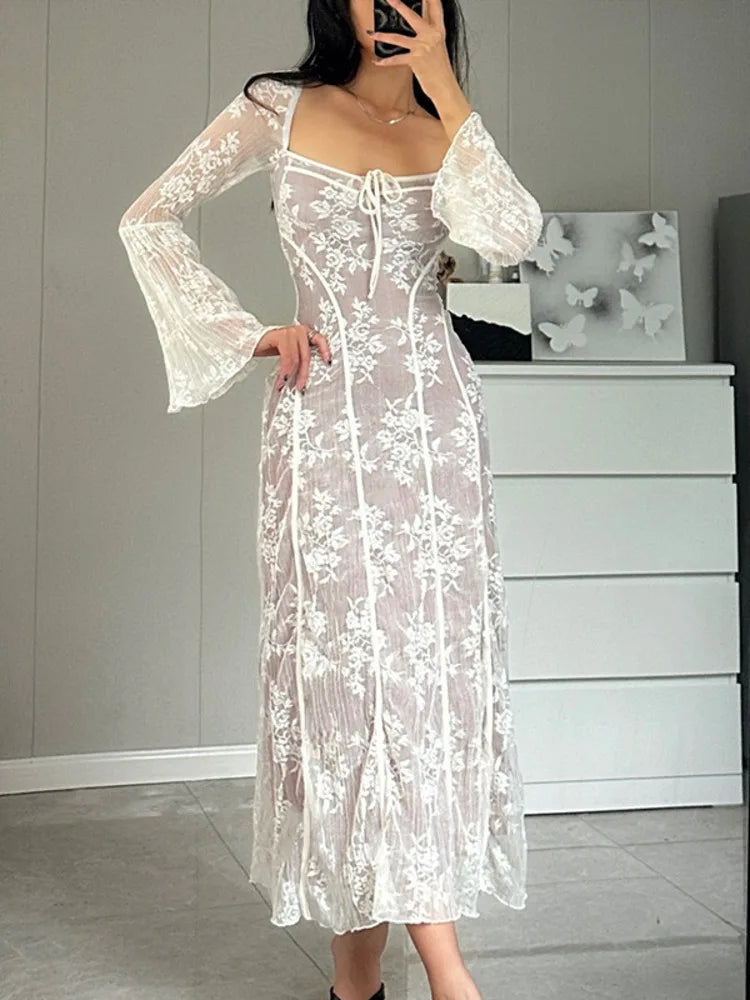 Elegant Square Neck Print Long Sleeve Midi Dress - Rown