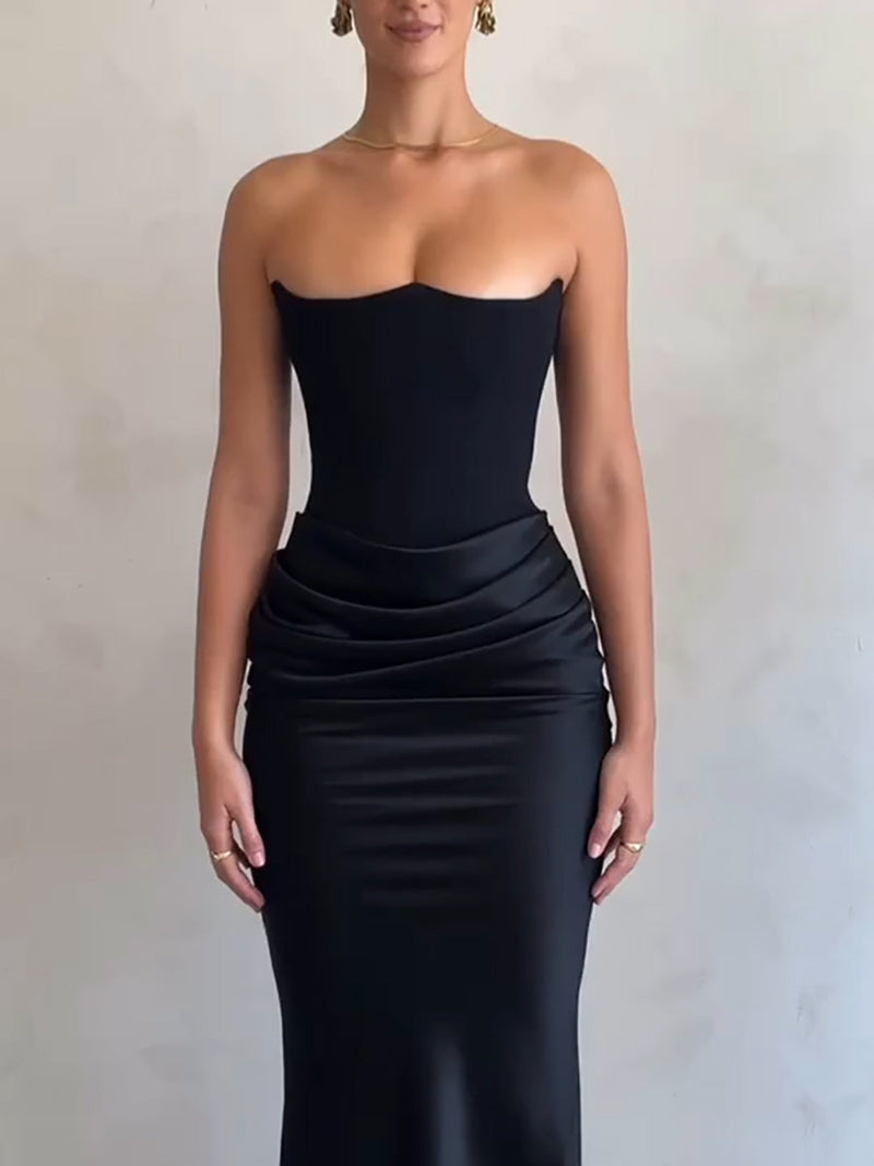 Elegant Strapless Off-shoulder Backless Bodycon Maxi Dress - Rown