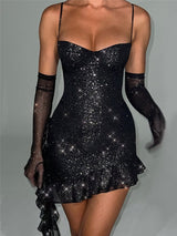 Elegant Strapless Ruffle Sequins Sparkle Mini Dress - Rown