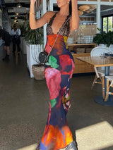 Elegant Tie Dye Floral Chiffon Backless Maxi Dress - Rown