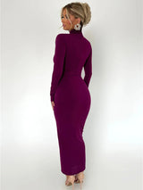 Elegant Turtleneck Long Sleeve Bodycon Maxi Dress - Rown