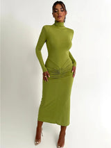 Elegant Turtleneck Long Sleeve Bodycon Maxi Dress - Rown