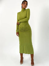 Elegant Turtleneck Long Sleeve Bodycon Maxi Dress - Rown