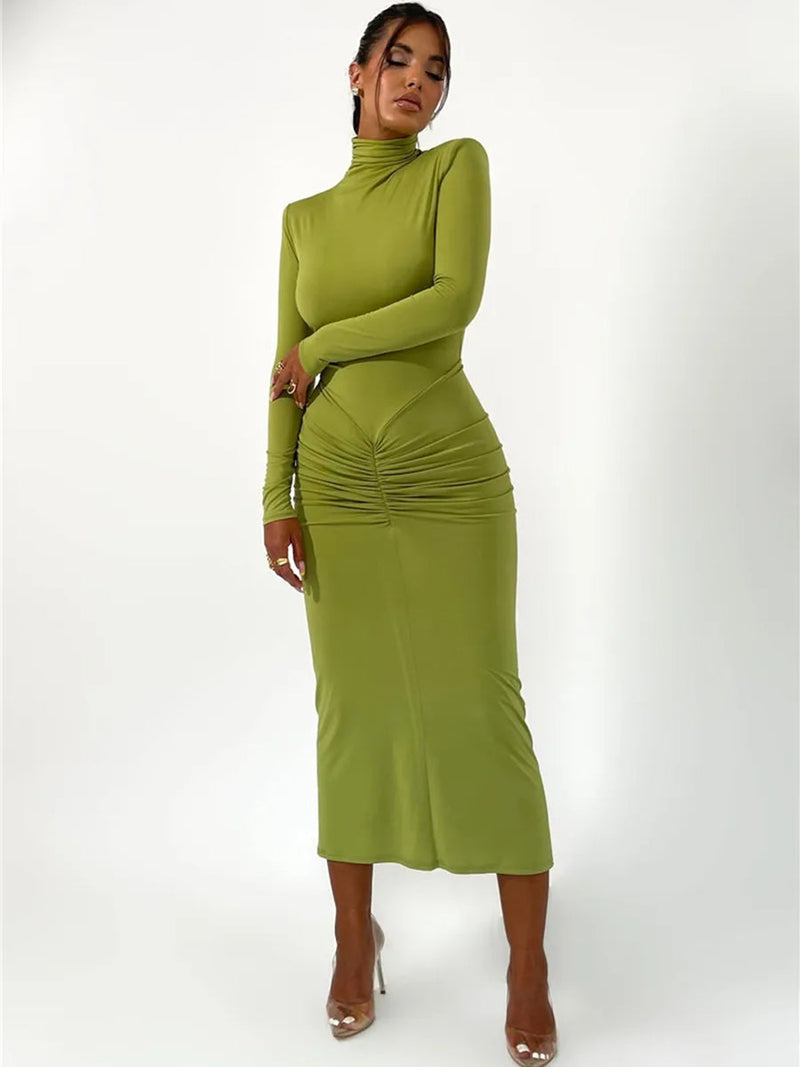 Elegant Turtleneck Long Sleeve Bodycon Maxi Dress - Rown