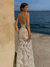 Elegant V-Neck Spaghetti Strap Backless Maxi Dress - Rown