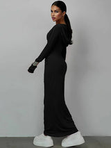 Elegant V Neck Hooded Bodycon Maxi Dress - Rown