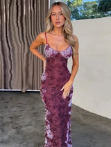 Elegant Vintage Floral Print V-Neck Slip Maxi Dress - Rown