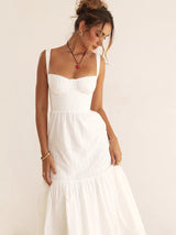 Elegant White A-line Spaghetti Strap Midi Dress - Rown