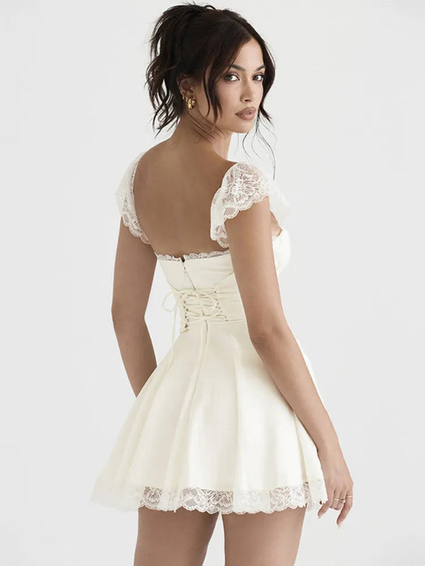 Elegant White Lace Strap Sleeveless Backless Mini Dress - Rown