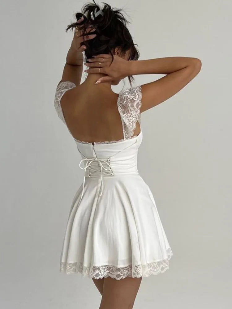 Elegant White Lace Strap Sleeveless Backless Mini Dress - Rown