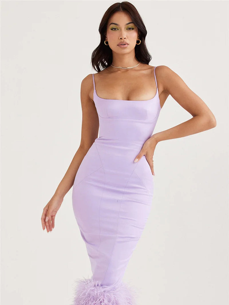 Feather Tassel Spaghetti Strap Backless Midi Dress Rown