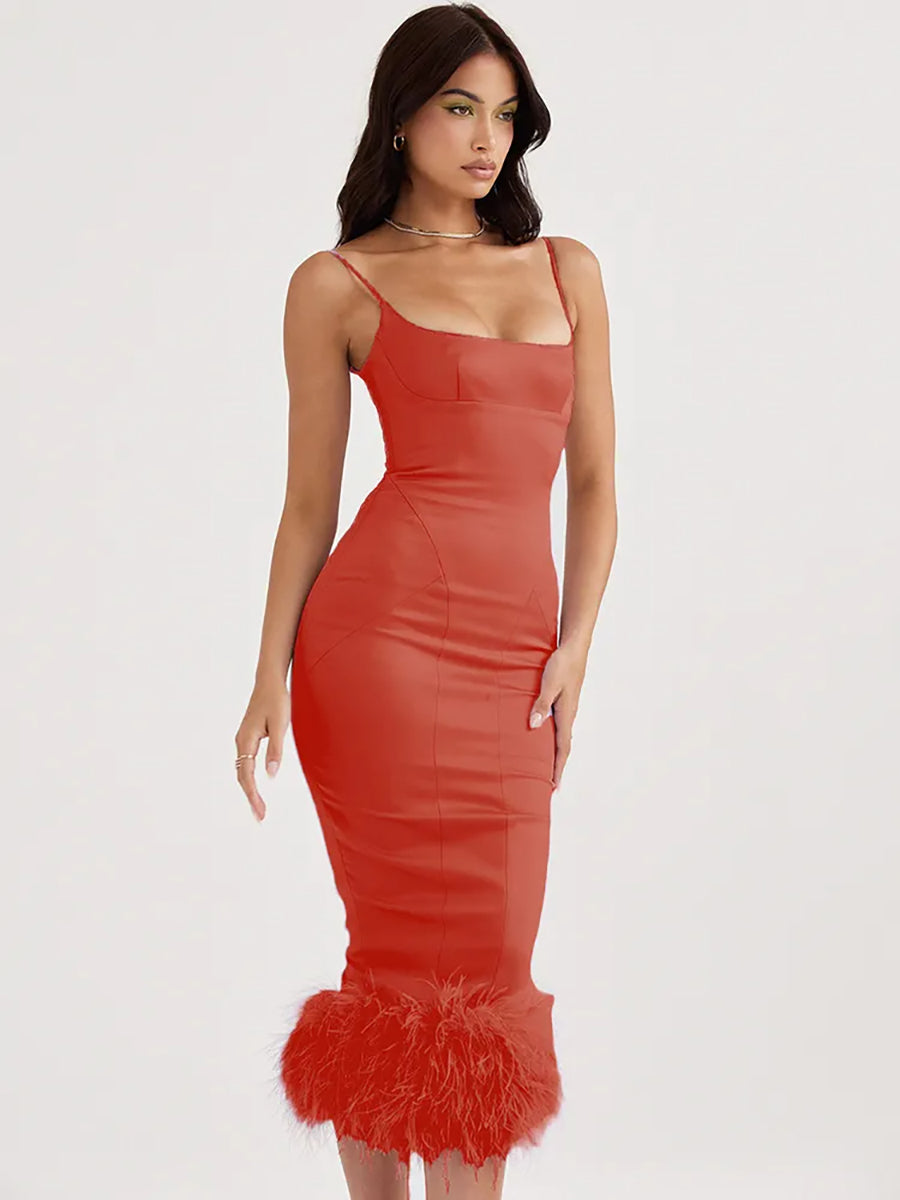 Feather Tassel Spaghetti Strap Backless Midi Dress Rown