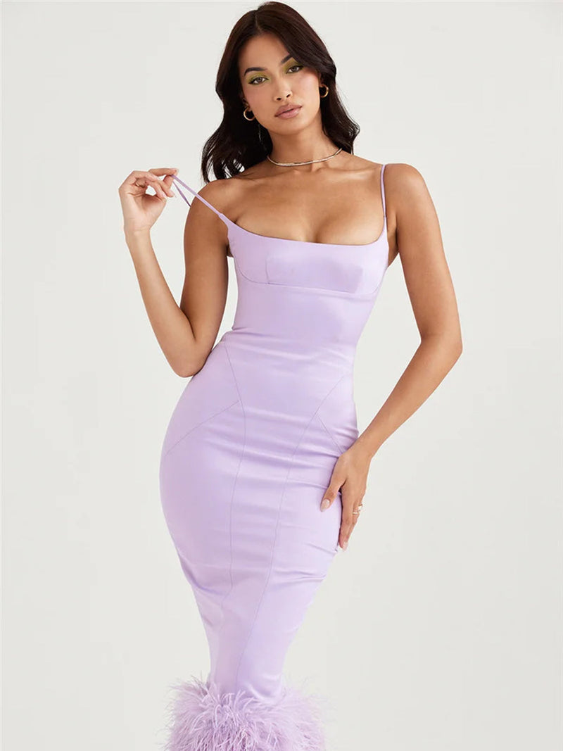 Feather Tassel Spaghetti Strap Backless Midi Dress - Rown