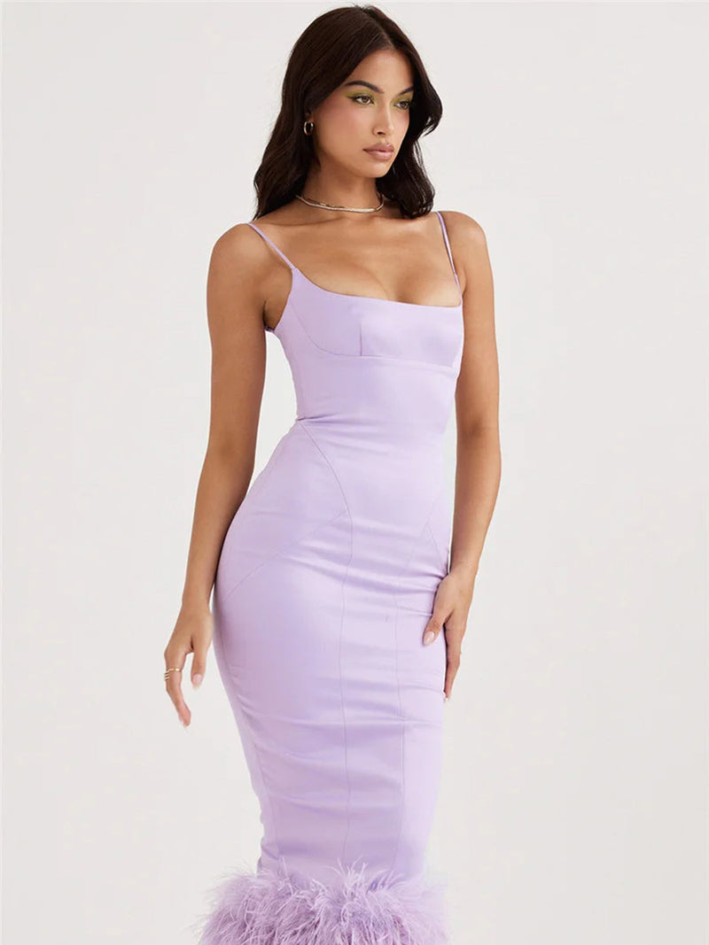 Feather Tassel Spaghetti Strap Backless Midi Dress - Rown