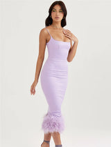 Feather Tassel Spaghetti Strap Backless Midi Dress - Rown