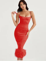 Feather Tassel Spaghetti Strap Backless Midi Dress - Rown