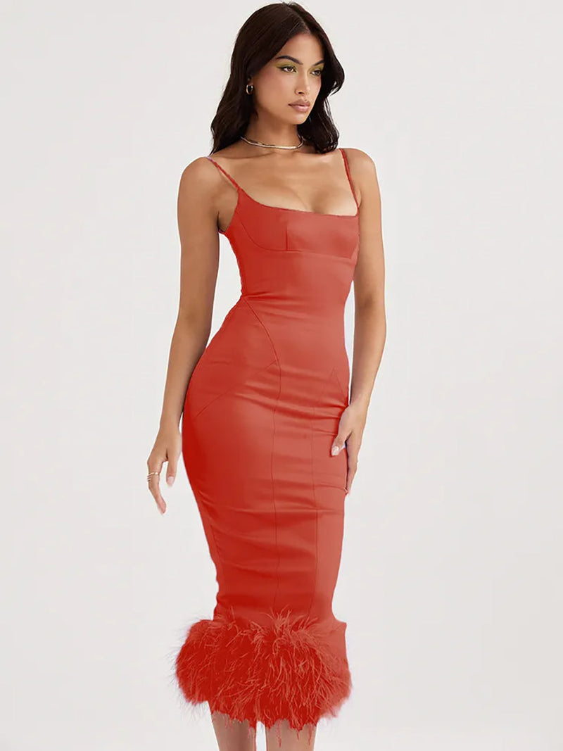 Feather Tassel Spaghetti Strap Backless Midi Dress - Rown