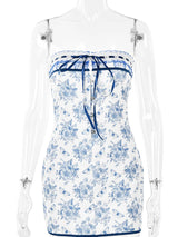 Floral Off-shoulder Blue Metal Button Mini Dresses Rown