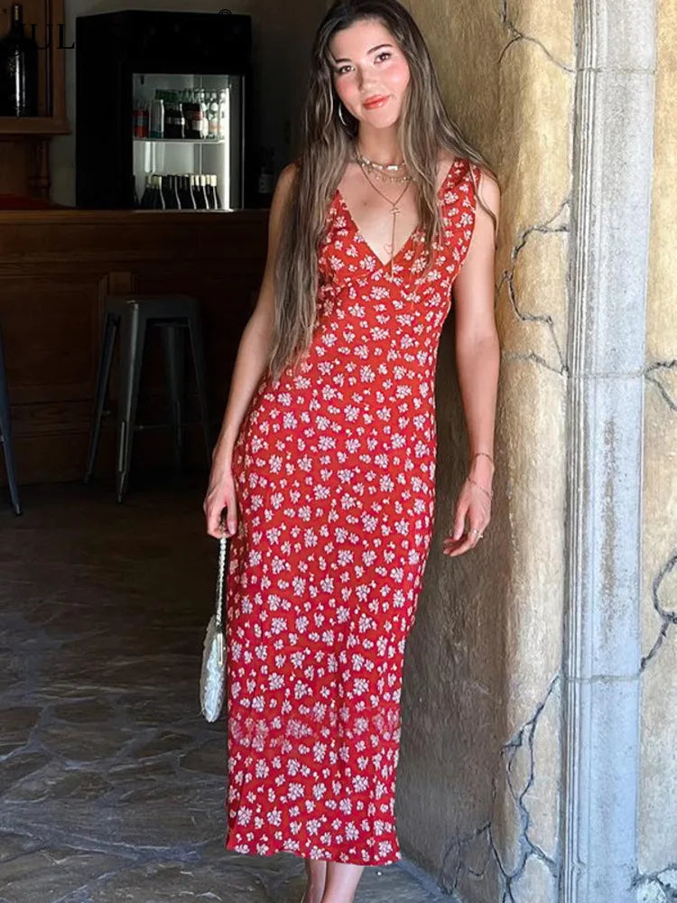 Floral Print Deep V-Neck Slip Elegant Maxi Dress Rown