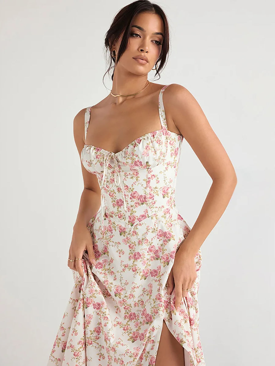 Floral Print Lace-up Backless High Split Midi Dress Rown