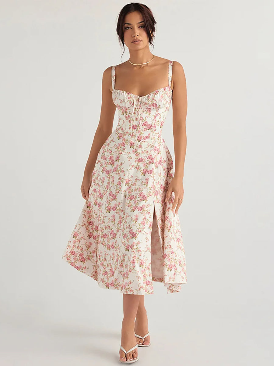 Floral Print Lace-up Backless High Split Midi Dress Rown