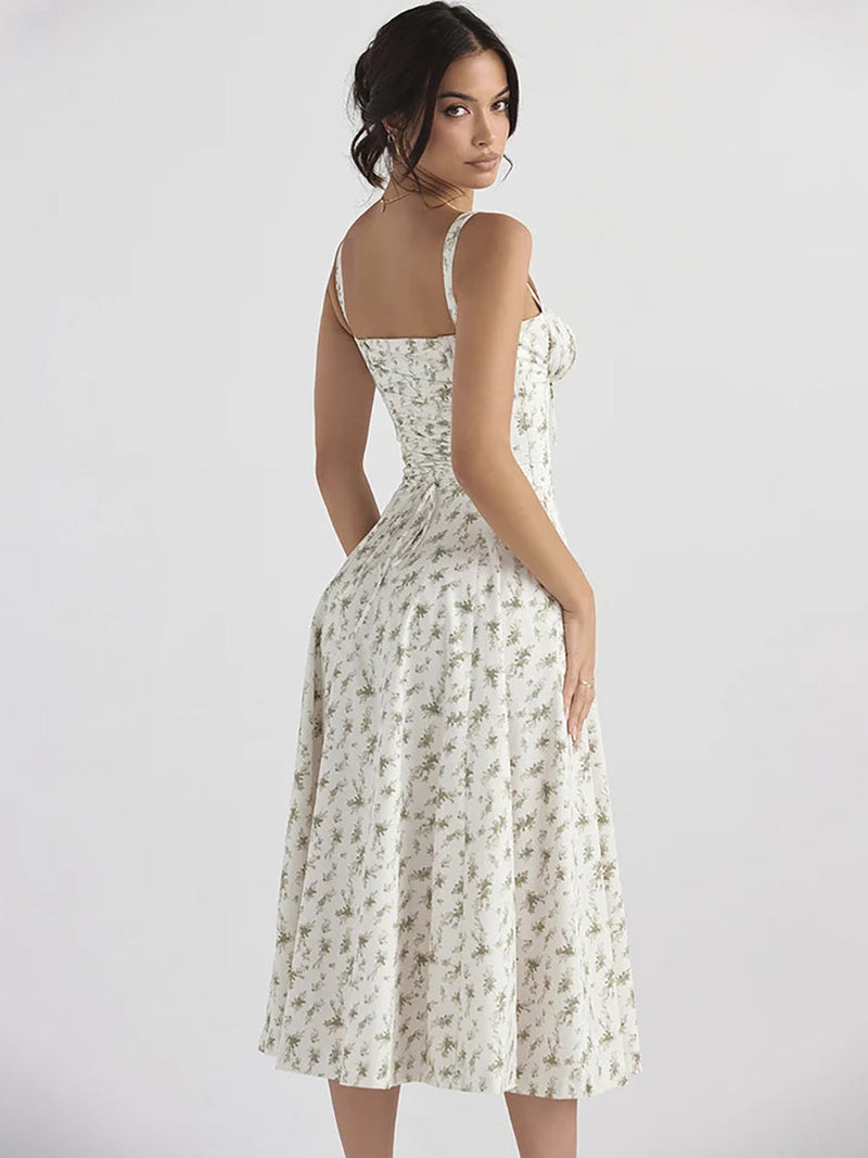 Floral Print Lace-up Backless High Split Midi Dress Rown
