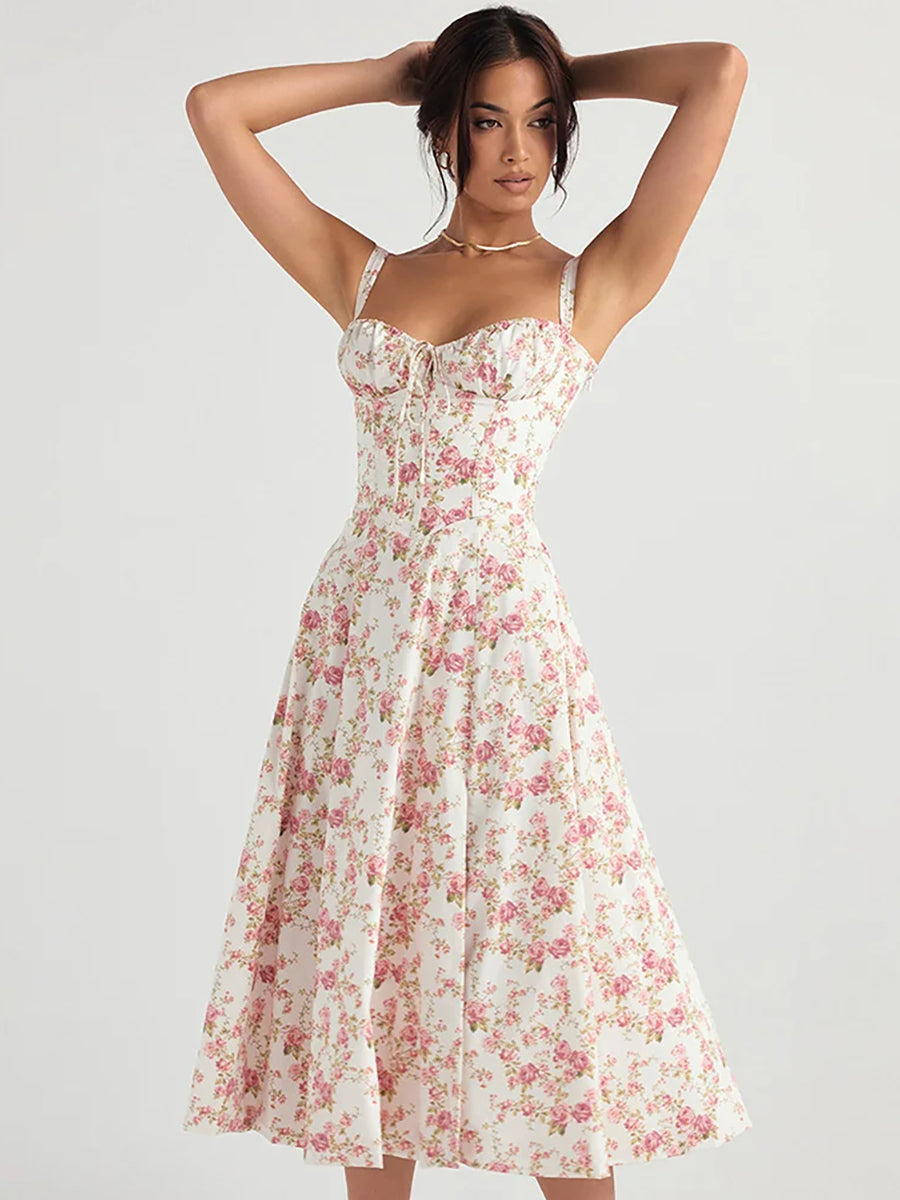 Floral Print Lace-up Backless High Split Midi Dress Rown