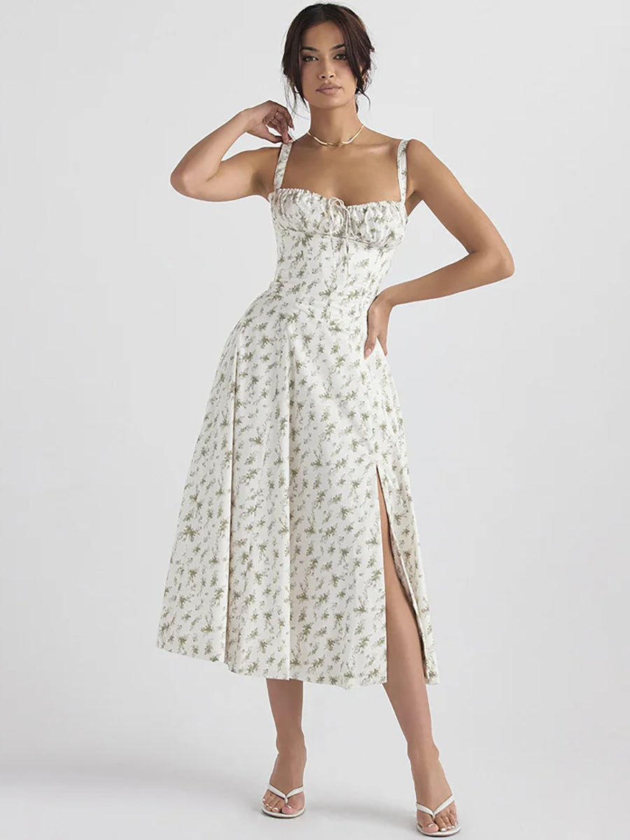 Floral Print Lace-up Backless High Split Midi Dress Rown