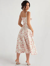 Floral Print Lace-up Backless High Split Midi Dress Rown