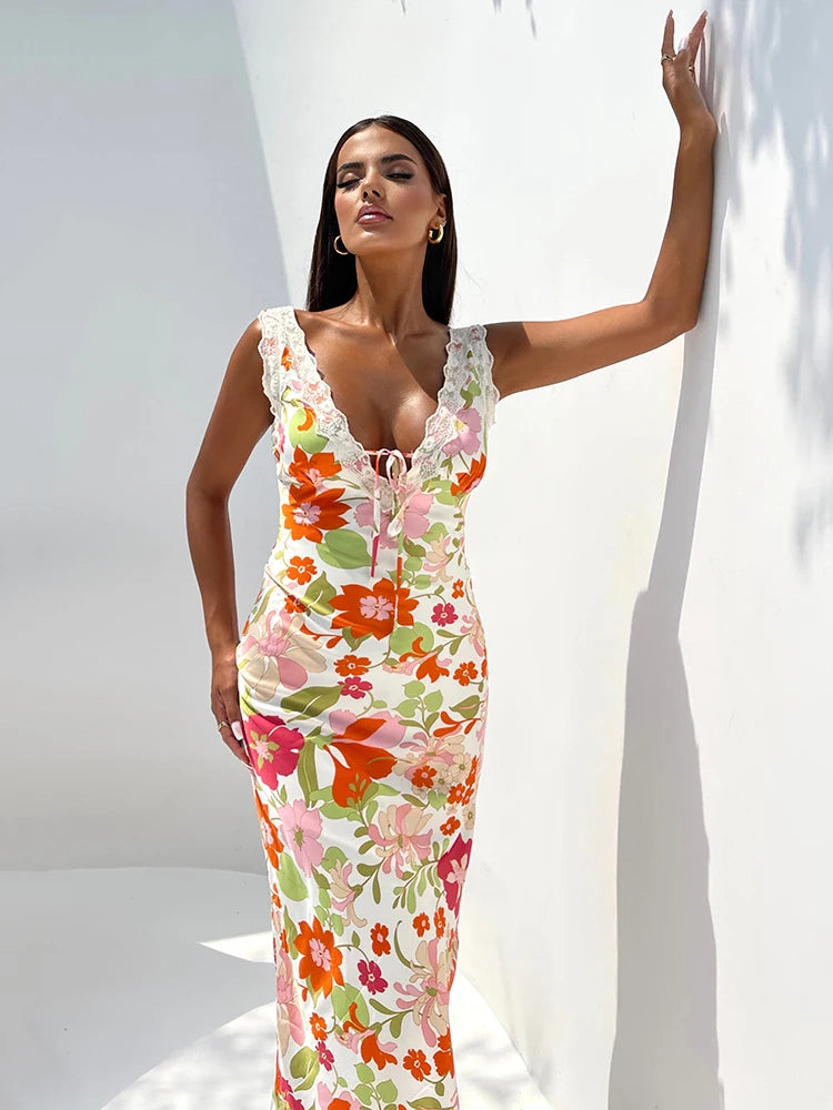 Floral Print  V Neck Backless Bodycon Maxi Dress Rown