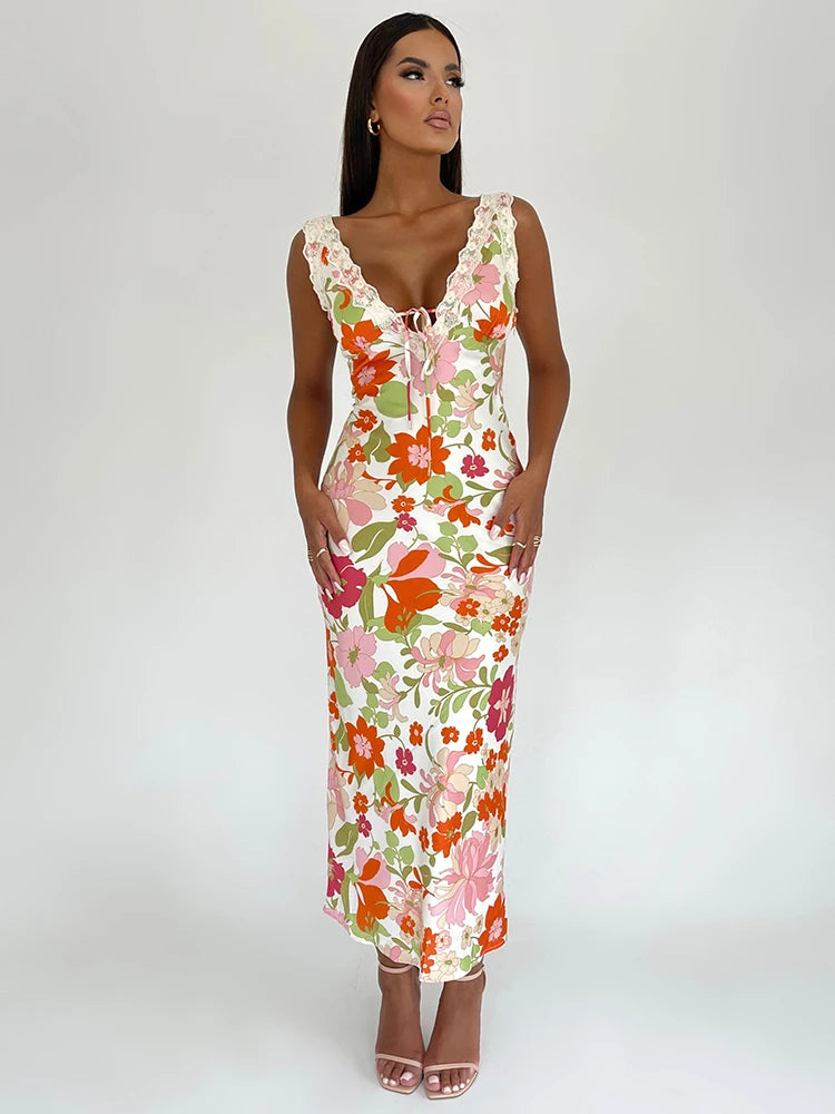 Floral Print  V Neck Backless Bodycon Maxi Dress Rown