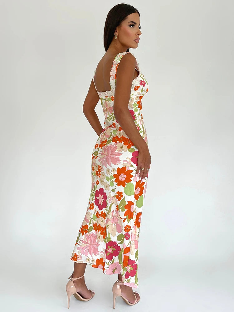 Floral Print  V Neck Backless Bodycon Maxi Dress Rown