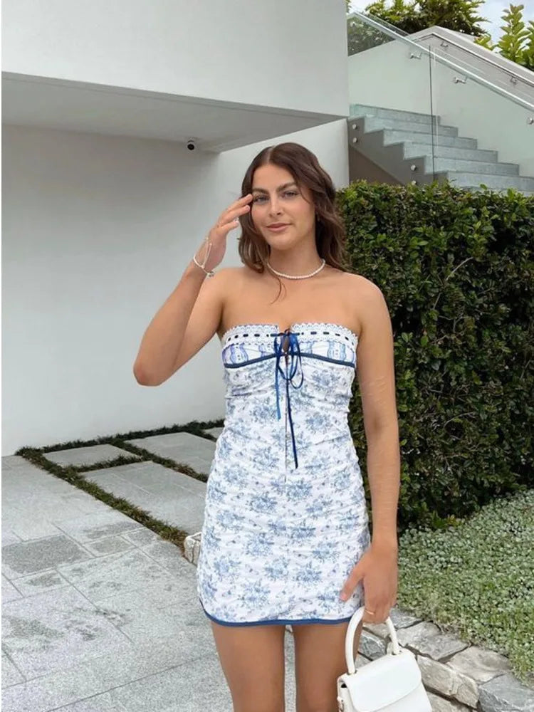 Floral Off-shoulder Blue Metal Button Mini Dresses - Rown