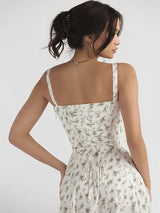 Floral Print Lace-up Backless High Split Midi Dress - Rown