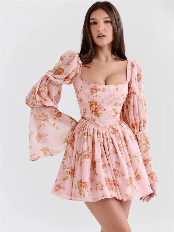 Floral Print  Puff Sleeve Square Collar Backless Ruffled Pleated Mini Dress - Rown