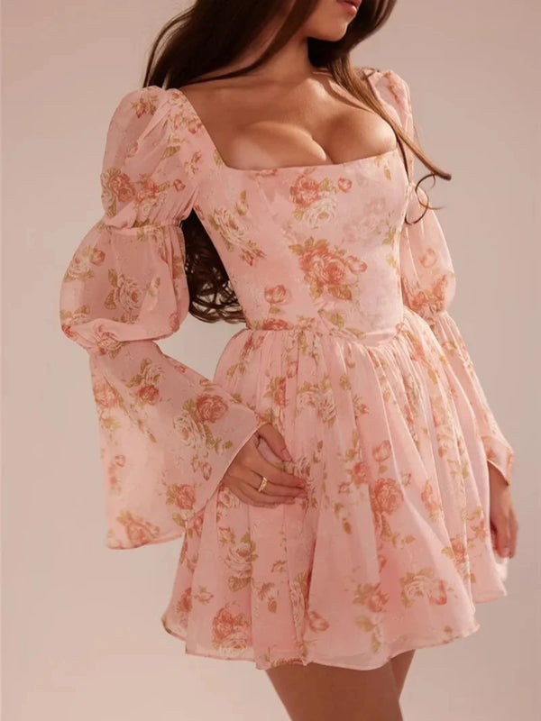 Floral Print  Puff Sleeve Square Collar Backless Ruffled Pleated Mini Dress - Rown