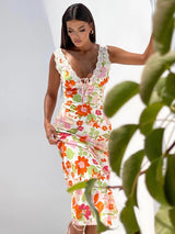 Floral Print  V Neck Backless Bodycon Maxi Dress - Rown