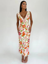 Floral Print  V Neck Backless Bodycon Maxi Dress - Rown