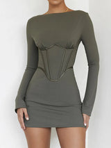 Full Sleeve Backless O Neck Corset Bodycon Mini Dress - Rown