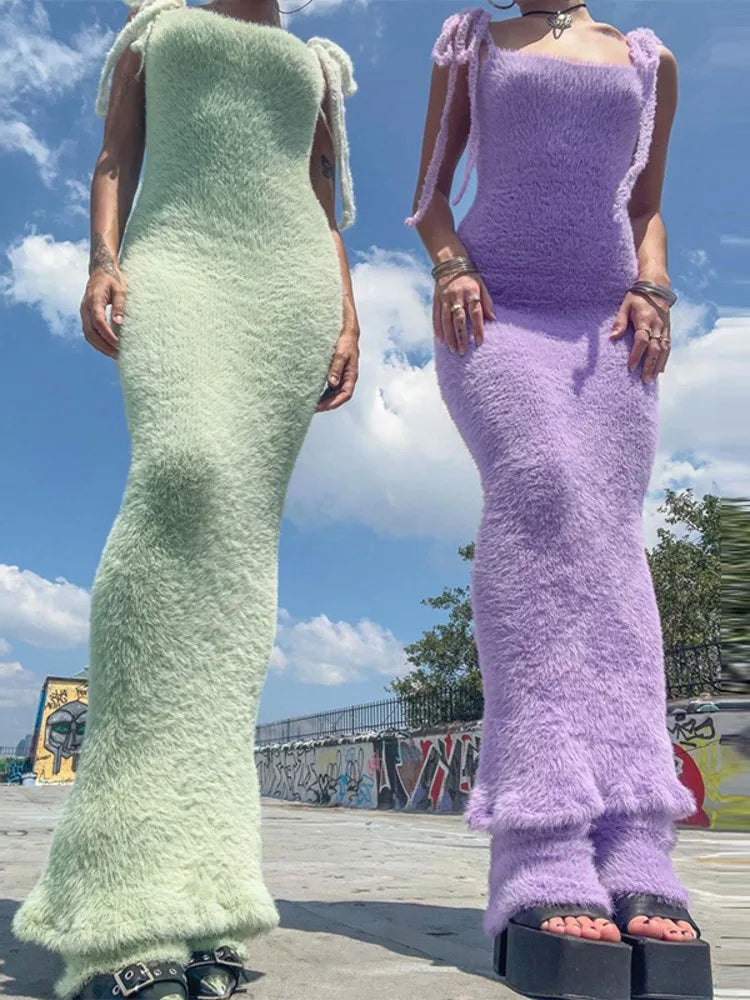 Fur Spaghetti Strap Sleeveless Maxi Dress Rown