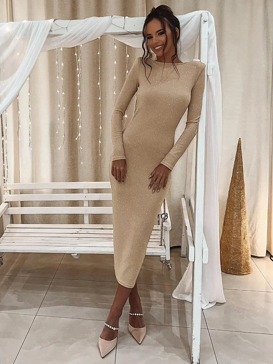 Glitter Backless Ruched Bodycon Shiny Midi Dress Rown