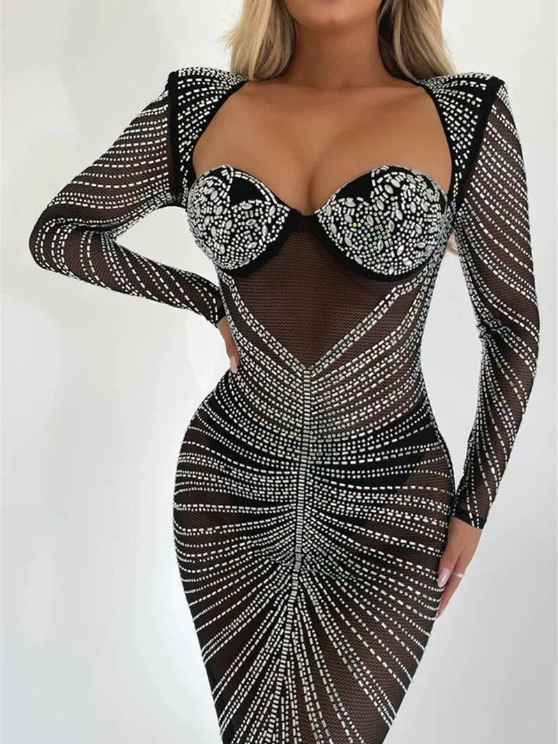 Glitter Mesh See Through Party Maxi Dress Rown