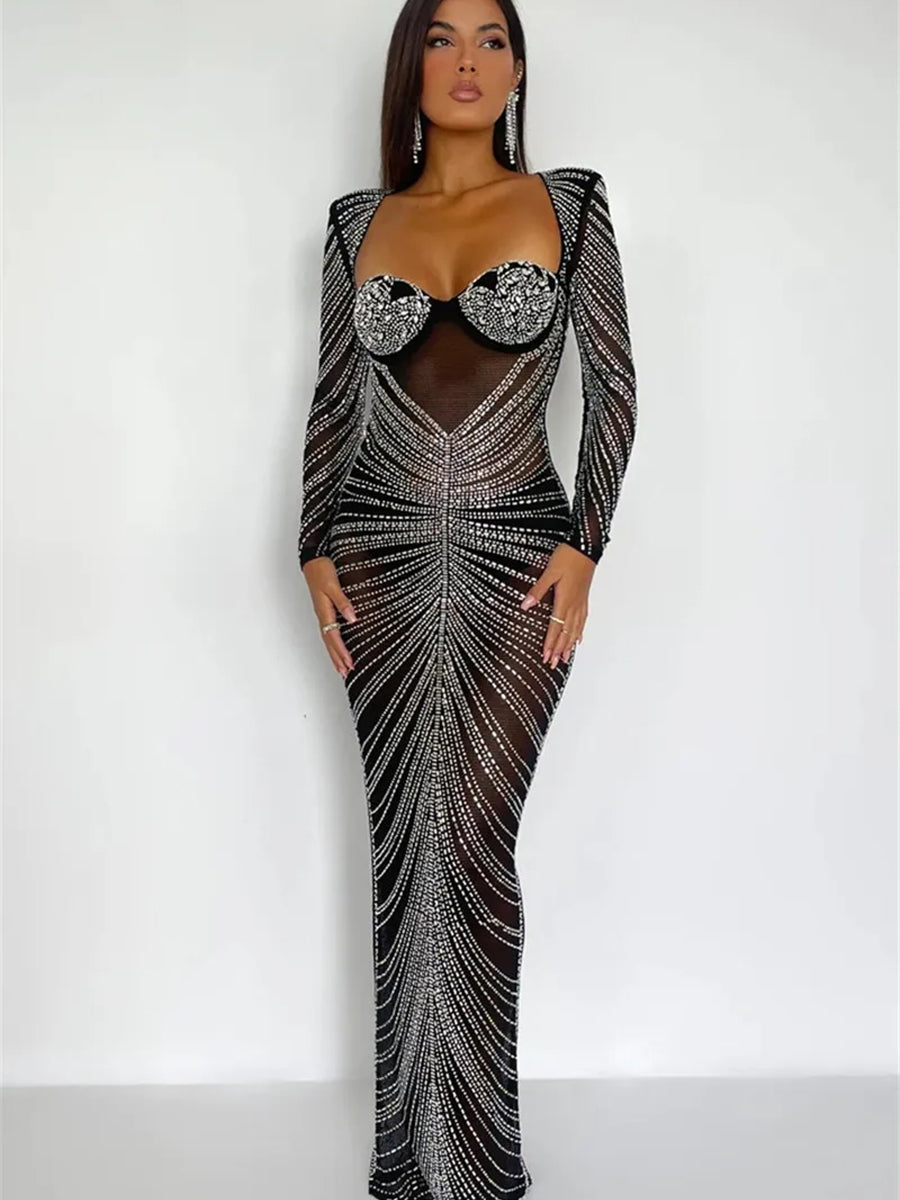 Glitter Mesh See Through Party Maxi Dress Rown