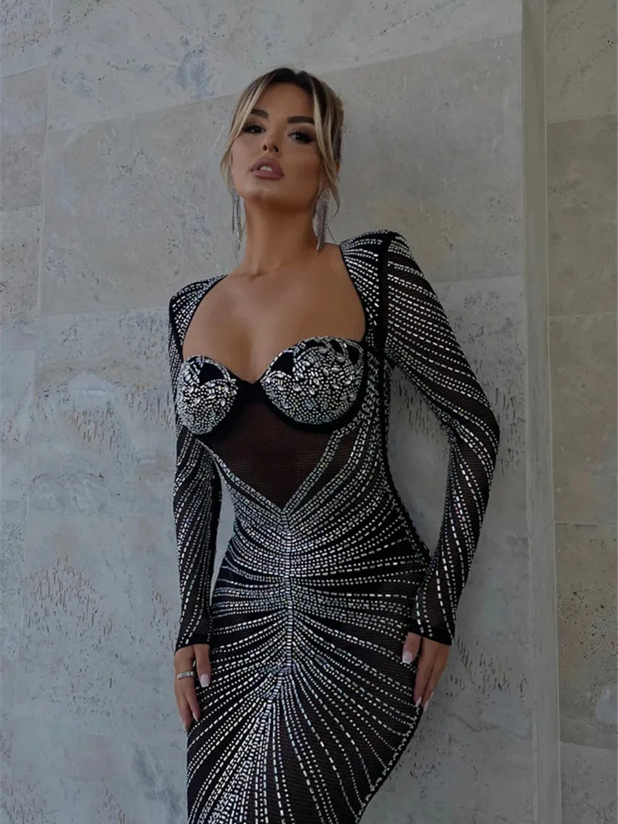 Glitter Mesh See Through Party Maxi Dress Rown